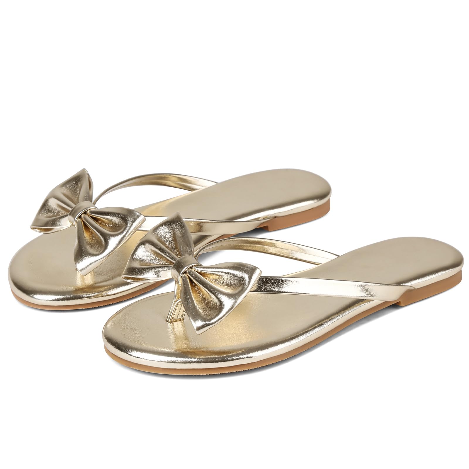 Phefarer Womens Bow Knot Flip Flops Flat Thong Sandals Gold Open Toe Beach Slippers for Party Evening Events and Night Out Size 6