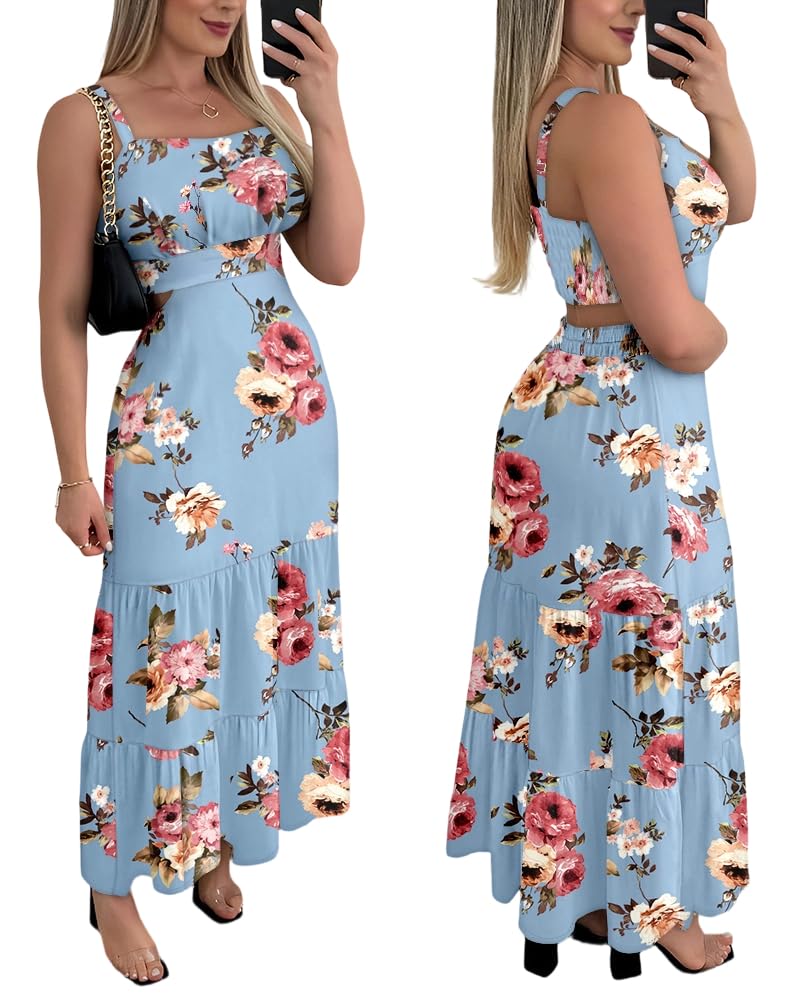 CHICME Summer Dresses for Women 2026 Sleeveless Casual Boho Maxi Dress Square Neck Hollow-Out Floral A Line Misty Blue Dress-S