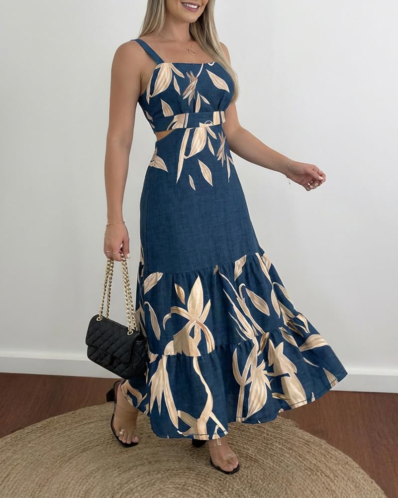 CHICME Summer Dresses for Women 2026 Sleeveless Casual Boho Maxi Dress Square Neck Cut Out Floral A Line Floral Purplish Blue Dress-M