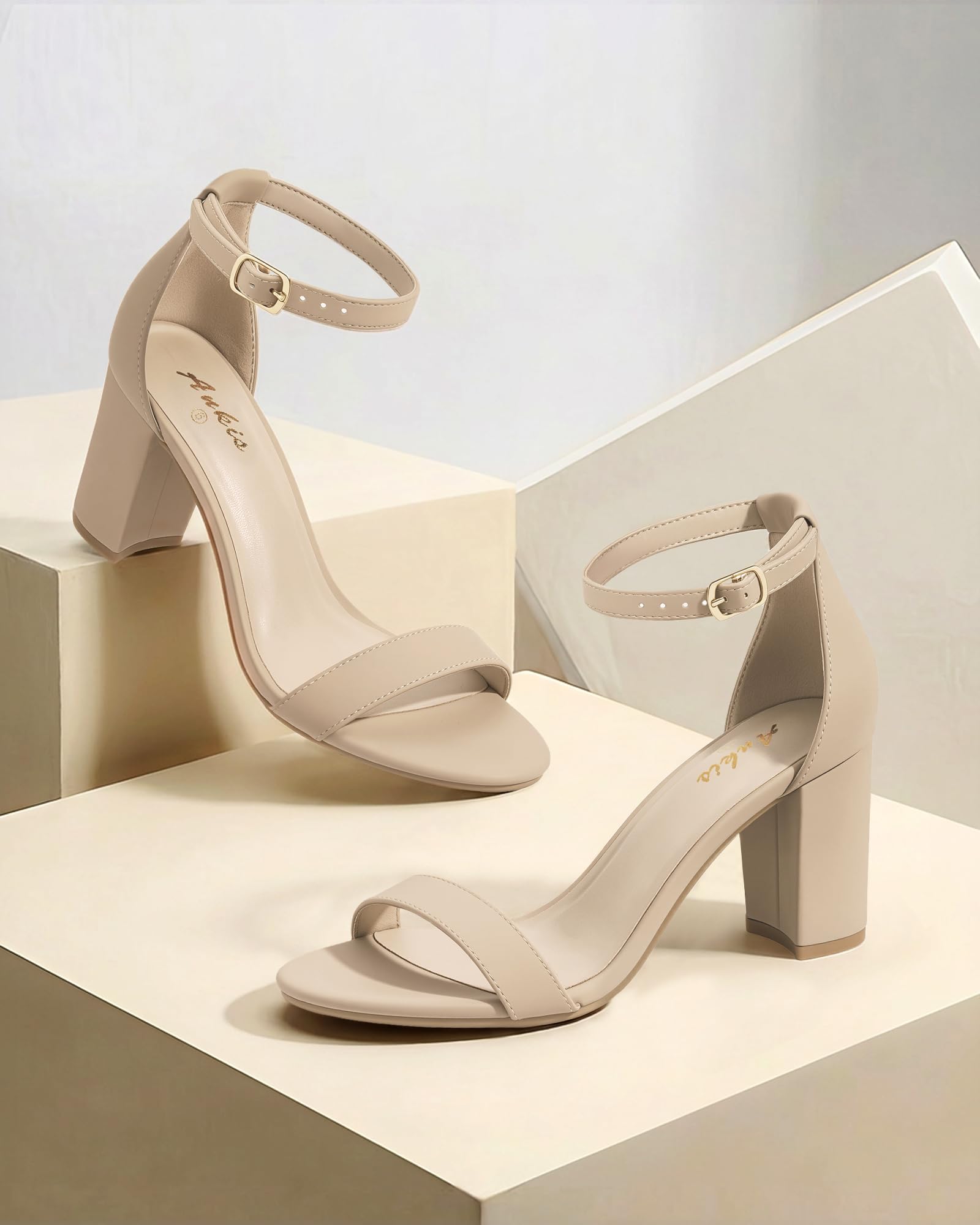 Ankis Nude Heels for Women - Open Toe Ankle Strap Chunky Heel Pump Sandals Party Wedding Strappy Buckle Sandals 2.75 Inches (Nude Nubuck, numeric_7)
