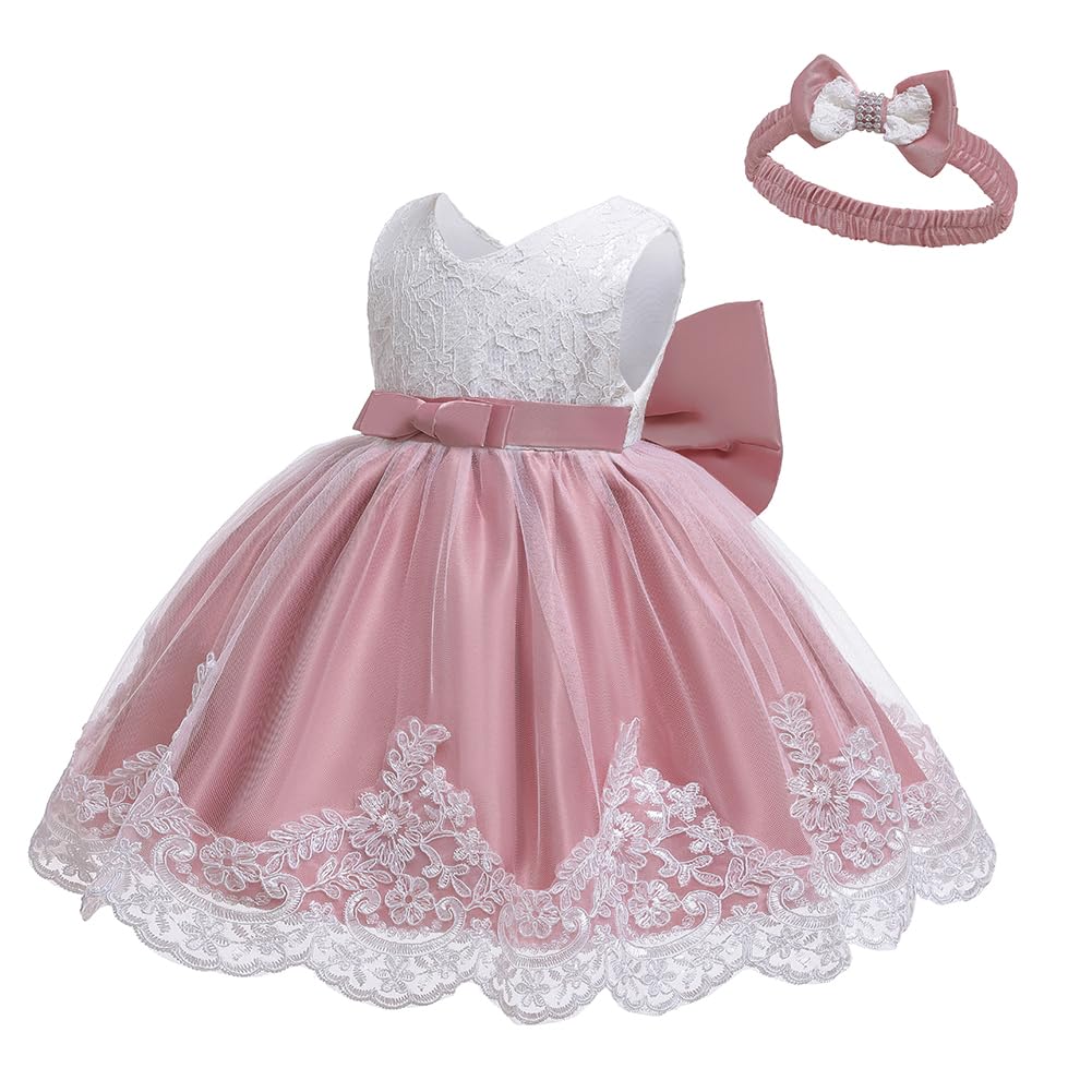 LZH Baby Girls Flower Princess Bowknot Wedding Pageant Christening Baptism Communion Party Dress, Bean Powder, 6M(3-6 Months)