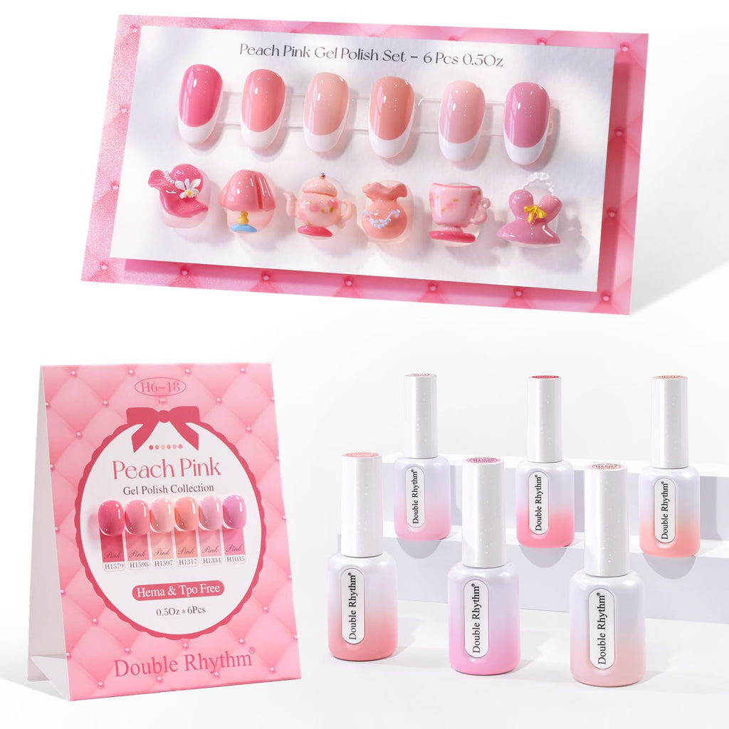 Double Rhythm 6 Pcs Hema Free Gel Polish Set 0.50 OZ Same Color Same Bottle Soak Off Neutral Natural Milky Gel Polish Kit Nail Art Manicure Salon DIY at Home (Pastel Peach Pink Purple-H6-18)