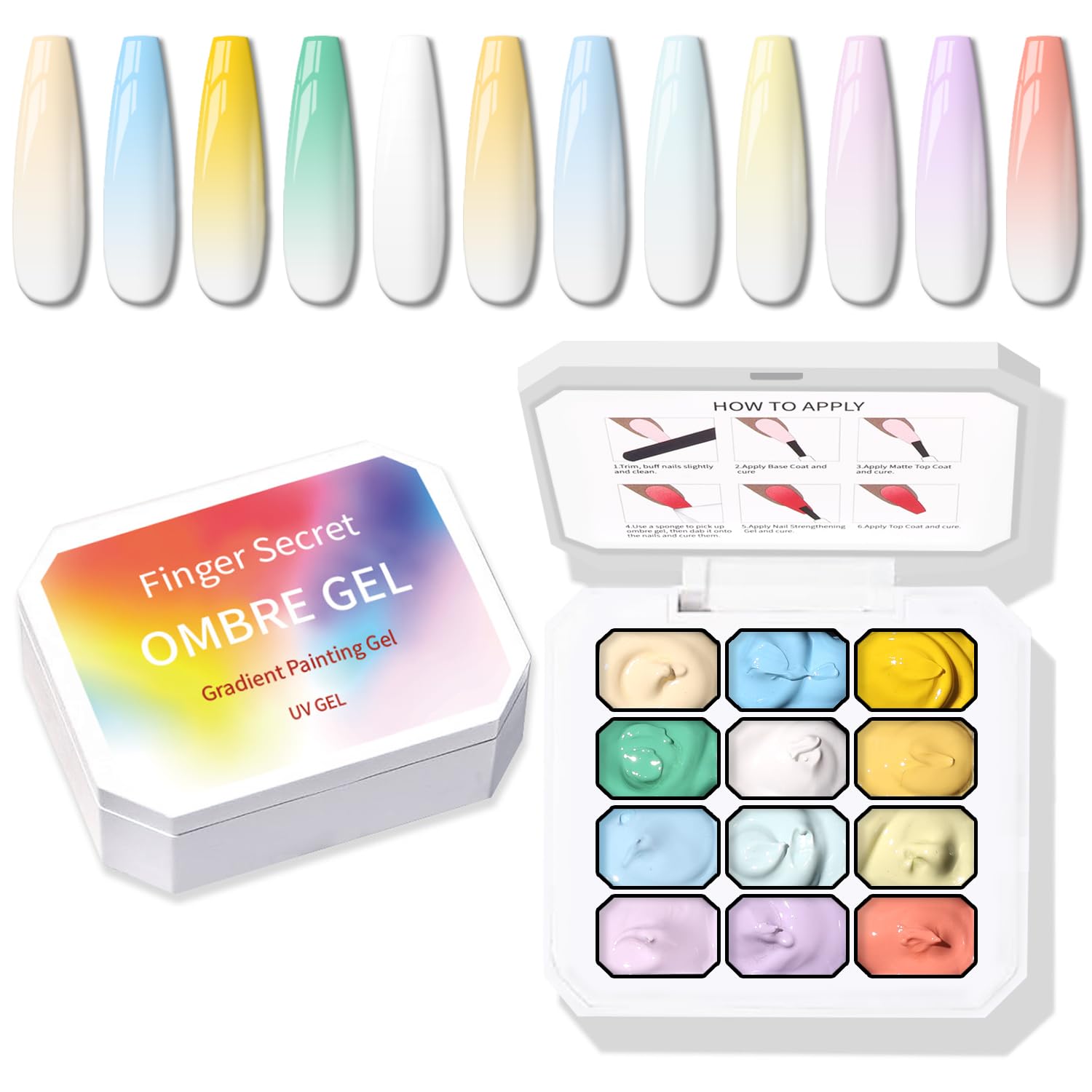 Karroy Sponge Pat Gel Nail Polish Palette, 12 Colors Blending Ombre Gel Polish Gradient Painting Nails Art, No Wipe, UV/LED Cured (12 Colors A)