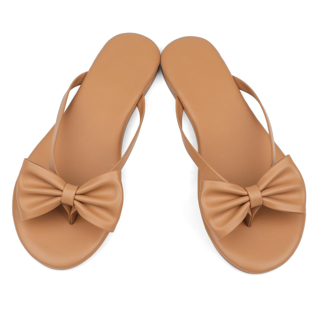 Phefarer Women's Bow Knot Flip Flops Flat Nude Dressy Sandals Open Toe Thong Slippers for Garden Parties and Elegant Outdoor Wear Size 6