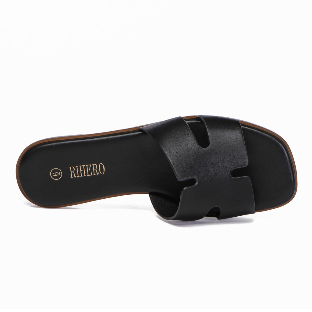Rihero Black Flat Sandals for Women Dressy Summer Slip On Peep Toe Slide Black Sandals Size 7
