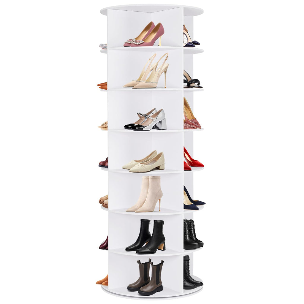 WGCTEK Rotating Shoe Rack Tower, 7 Tier 28 Pairs Large Shoe Storage Organizer, Space-Saving Free Standing Shoe Racks, 360° Revolving Round Shoe Rack for Closet Handbag Display, White