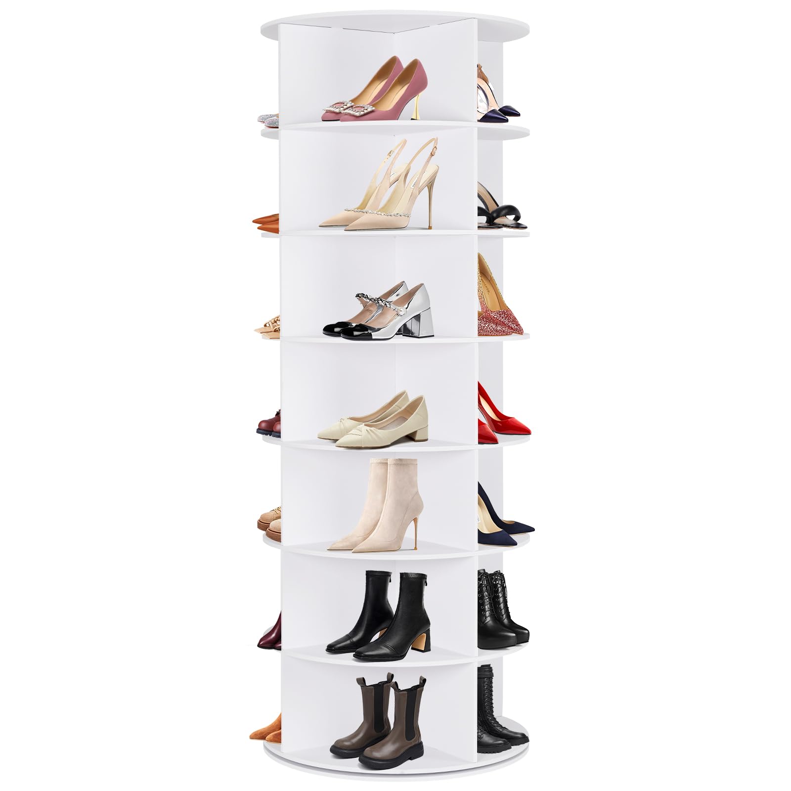 WGCTEK Rotating Shoe Rack Tower, 7 Tier 28 Pairs Large Shoe Storage Organizer, Space-Saving Free Standing Shoe Racks, 360° Revolving Round Shoe Rack for Closet Handbag Display, White