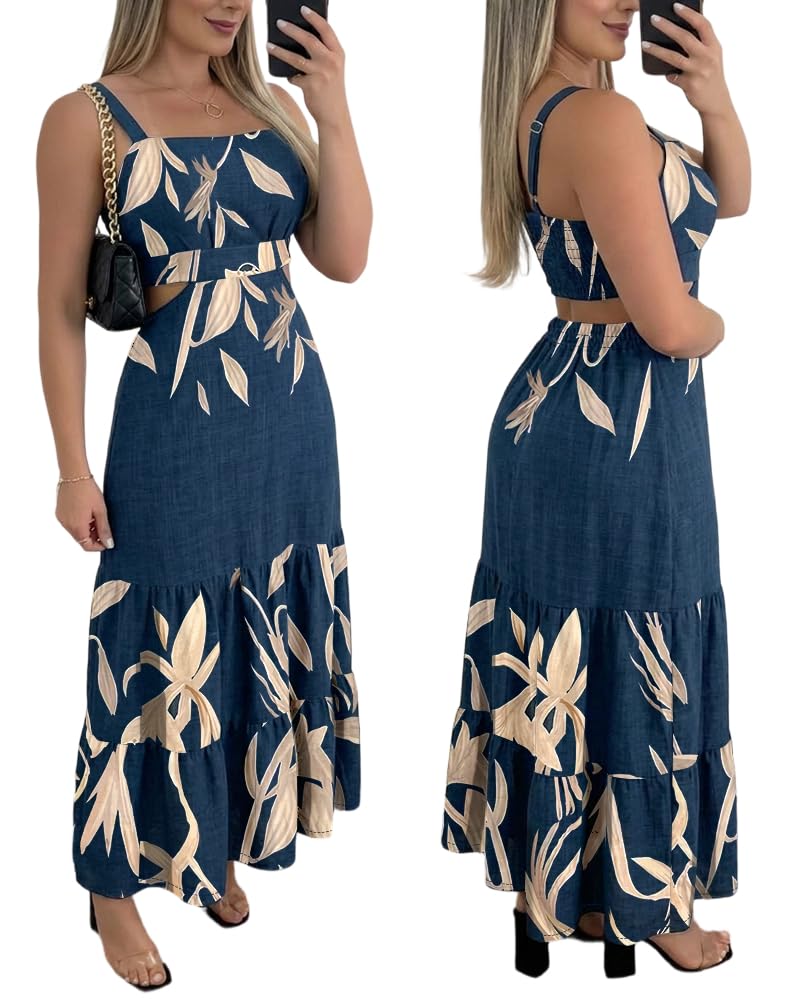 CHICME Summer Dresses for Women 2026 Sleeveless Casual Boho Maxi Dress Square Neck Cut Out Floral A Line Floral Purplish Blue Dress-S