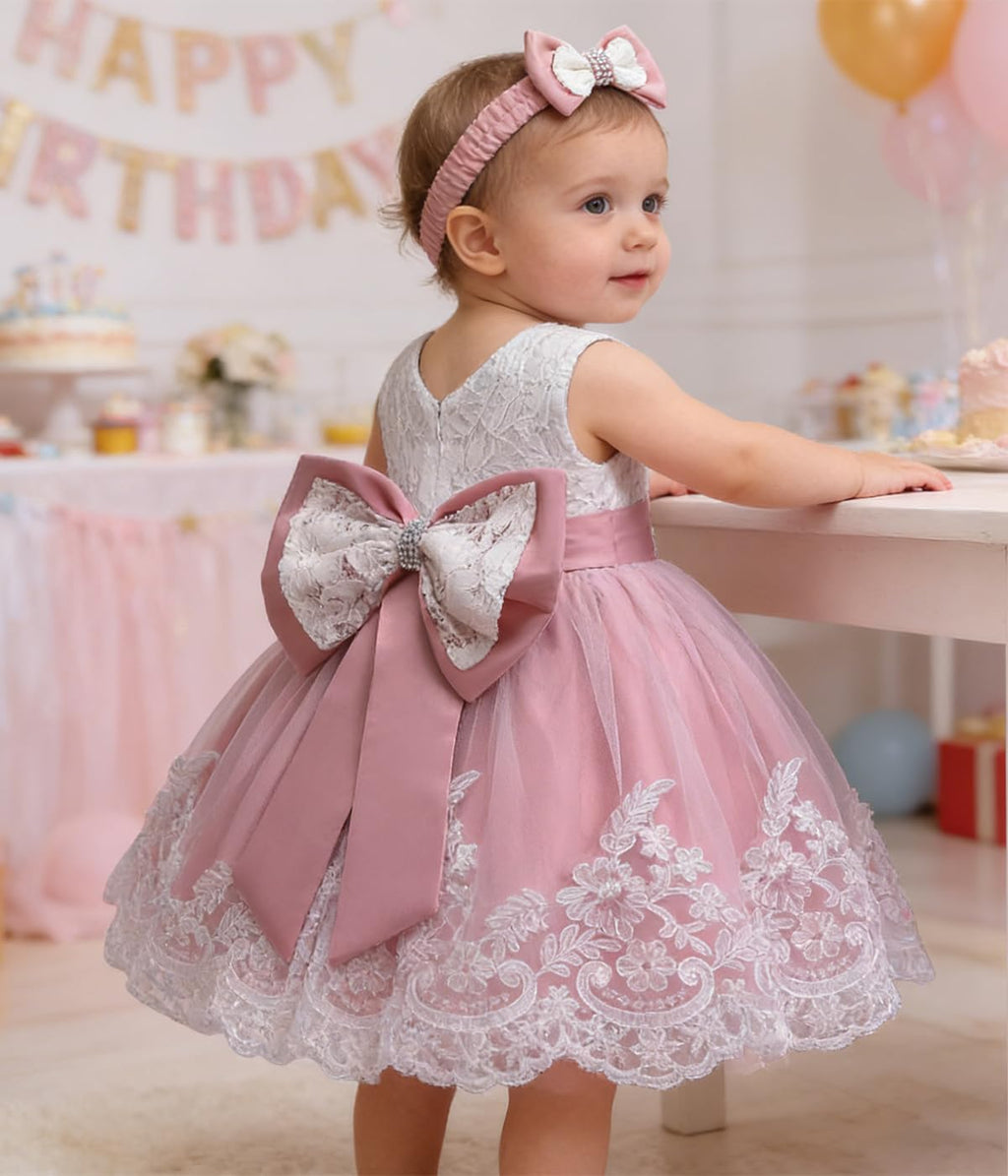 Baby Girls Lace Bowknot Flower Dress Wedding Pageant Baptism Christening Tutu Gown 6-12 Months
