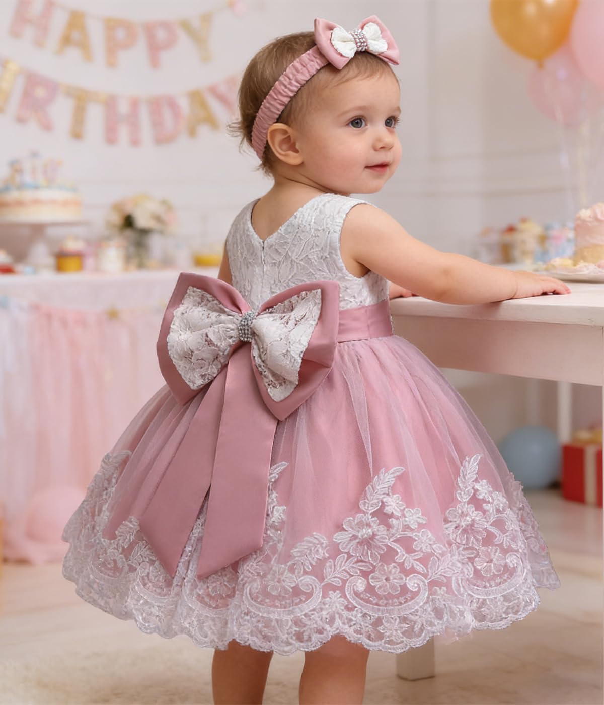 Baby Girls Lace Bowknot Flower Dress Wedding Pageant Baptism Christening Tutu Gown 6-12 Months