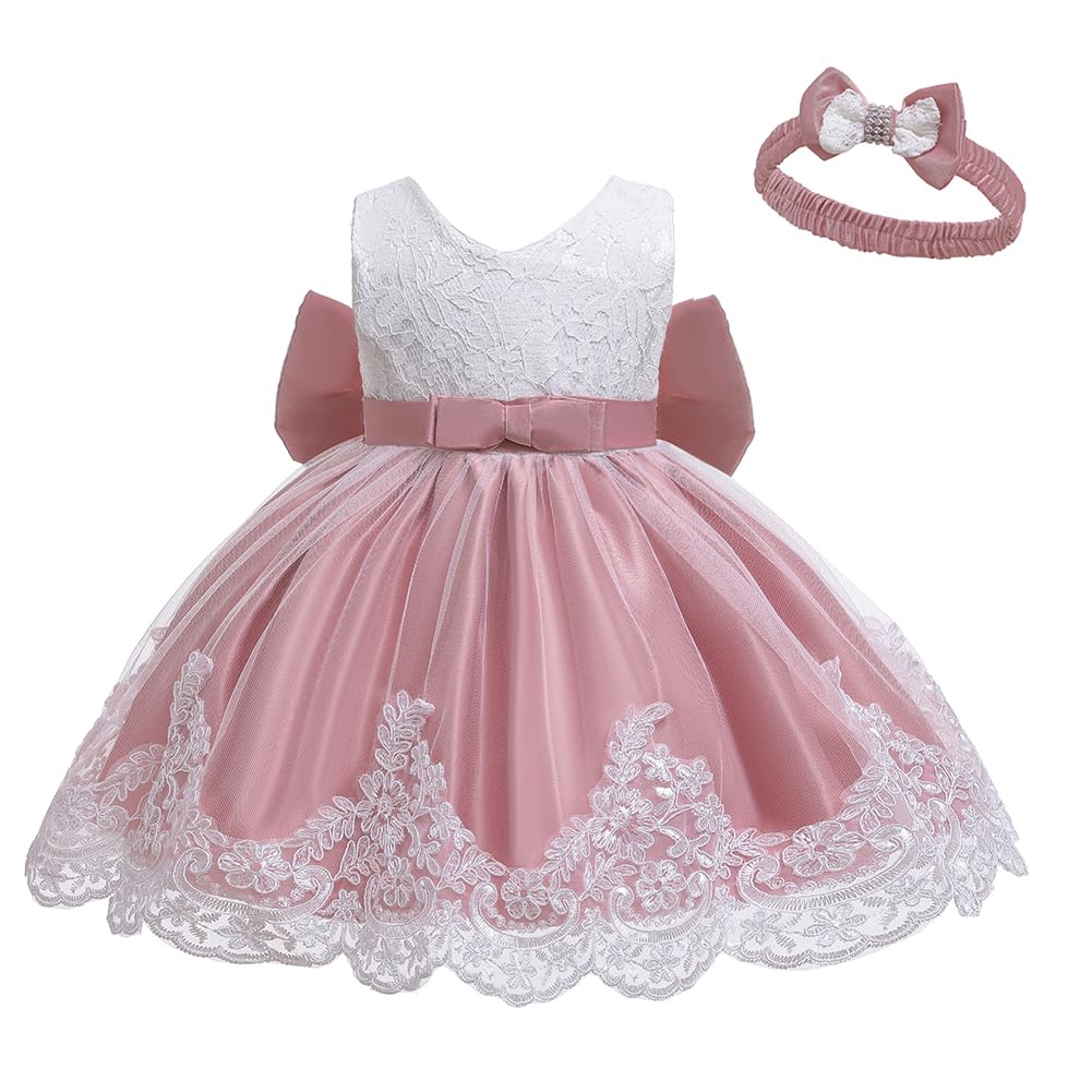 Baby Girls Lace Bowknot Flower Dress Wedding Pageant Baptism Christening Tutu Gown 6-12 Months