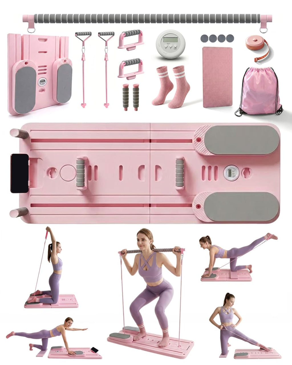 Pilates Board, Pilates Reformer Set Gifts for Women, New Upgraded Multi-Purpose Pilates Board for Home Workouts, Foldable Home Pilates Machine for Fitness, Exercise, Abs, Core Equipment (Pink)
