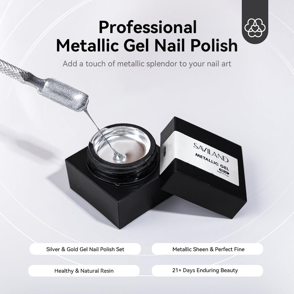 SAVILAND Metallic Gel Nail Polish Set: Silver & Gold Chrome Gel Polish 3D Metal Painting Gels Mirror Nail Polish Soak Off UV LED Chrome 3D Effect Nail Glue Gels for Salon Manicure Home DIY