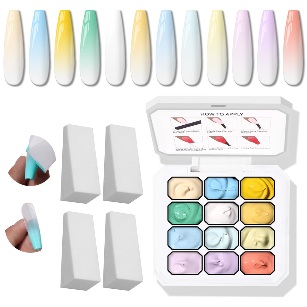 Karroy Sponge Pat Gel Nail Polish Palette, 12 Colors Blending Ombre Gel Polish Gradient Painting Nails Art, No Wipe, UV/LED Cured (12 Colors A)