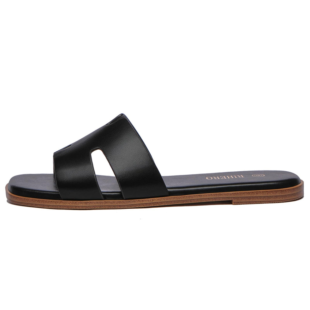 Rihero Black Flat Sandals for Women Dressy Summer Slip On Peep Toe Slide Black Sandals Size 8