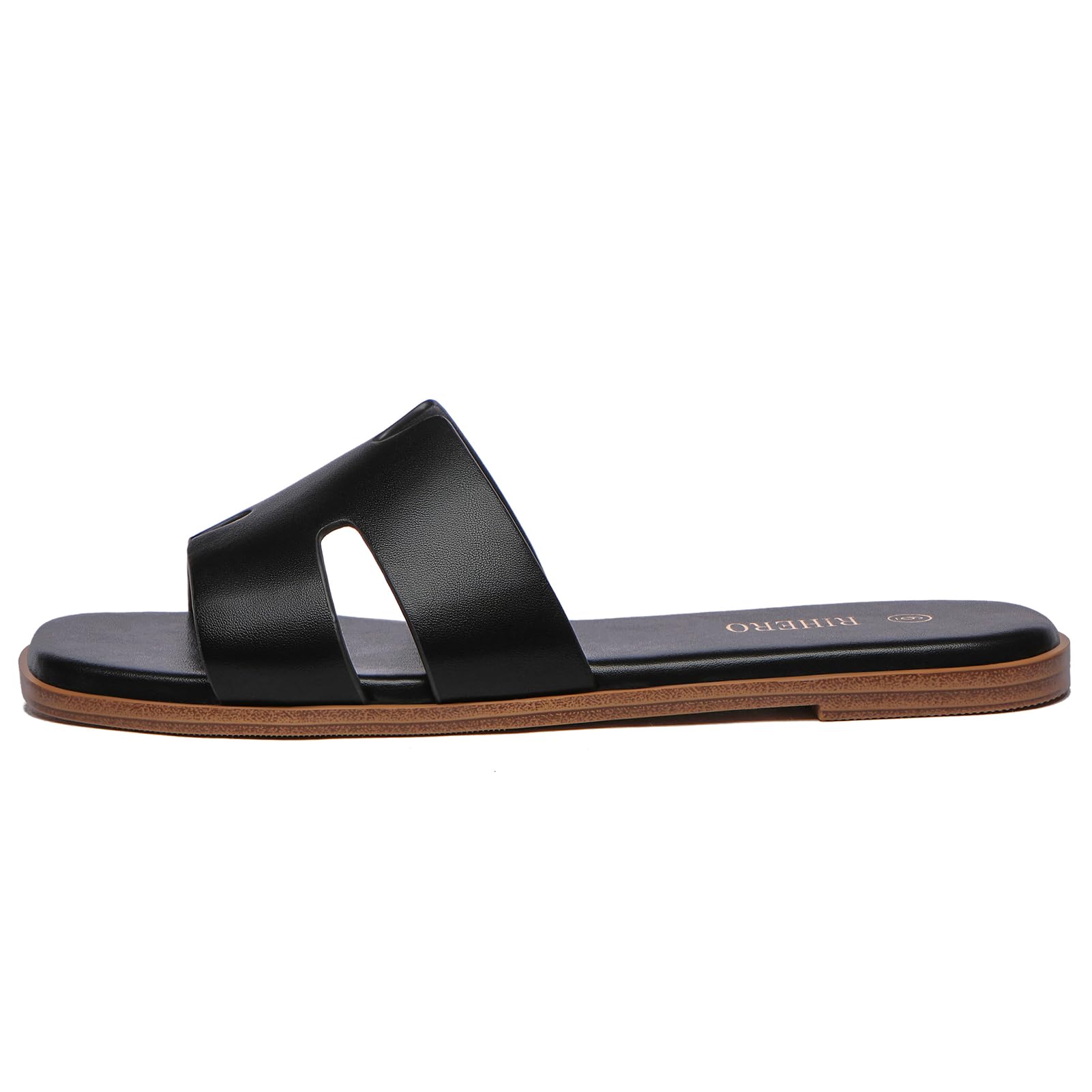 Rihero Black Flat Sandals for Women Dressy Summer Slip On Peep Toe Slide Black Sandals Size 8
