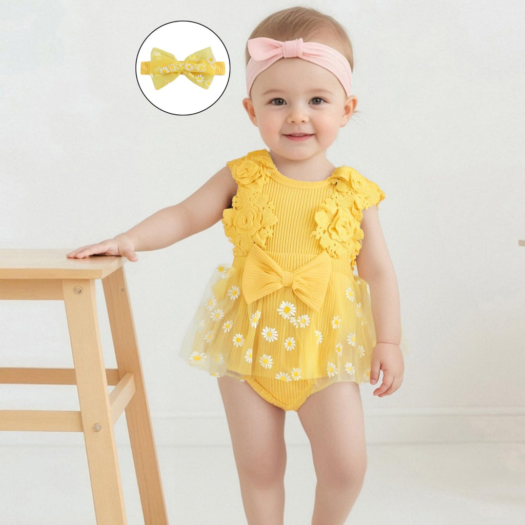 Mubineo Baby Girl Summer Clothes Outfits Sleeveless Lace Floral Romper Dress Newborn Outfit (Yellow Daisy, 6-9 Months)