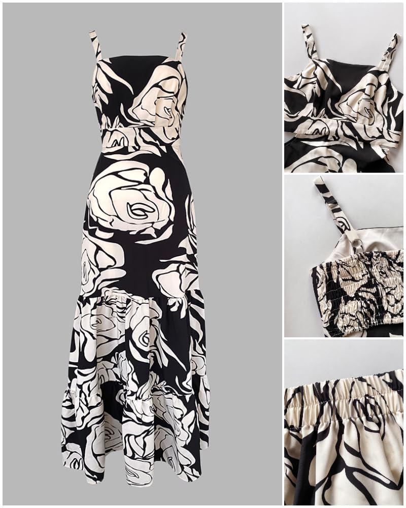 CHICME Summer Dresses for Women 2026 Sleeveless Casual Boho Maxi Dress Square Neck Hollow-Out Floral A Line Black Dress-M