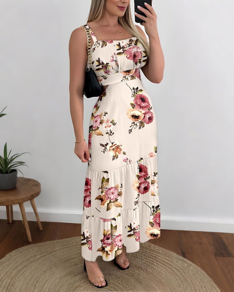 CHICME Summer Dresses for Women 2026 Sleeveless Casual Boho Maxi Dress Square Neck Cut Out Floral A Line Floral Apricot Dress-M
