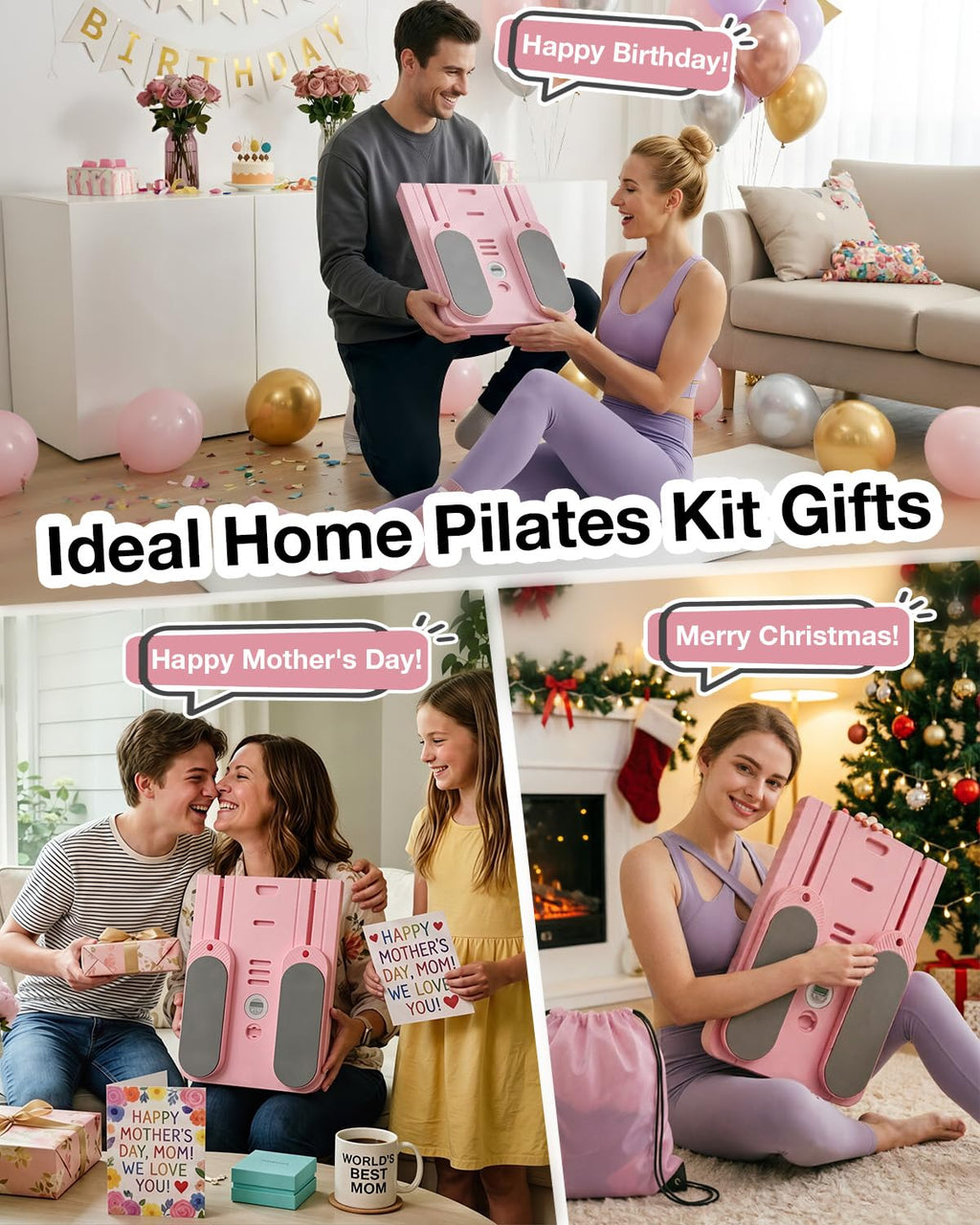 Pilates Board, Pilates Reformer Set Gifts for Women, New Upgraded Multi-Purpose Pilates Board for Home Workouts, Foldable Home Pilates Machine for Fitness, Exercise, Abs, Core Equipment (Pink)