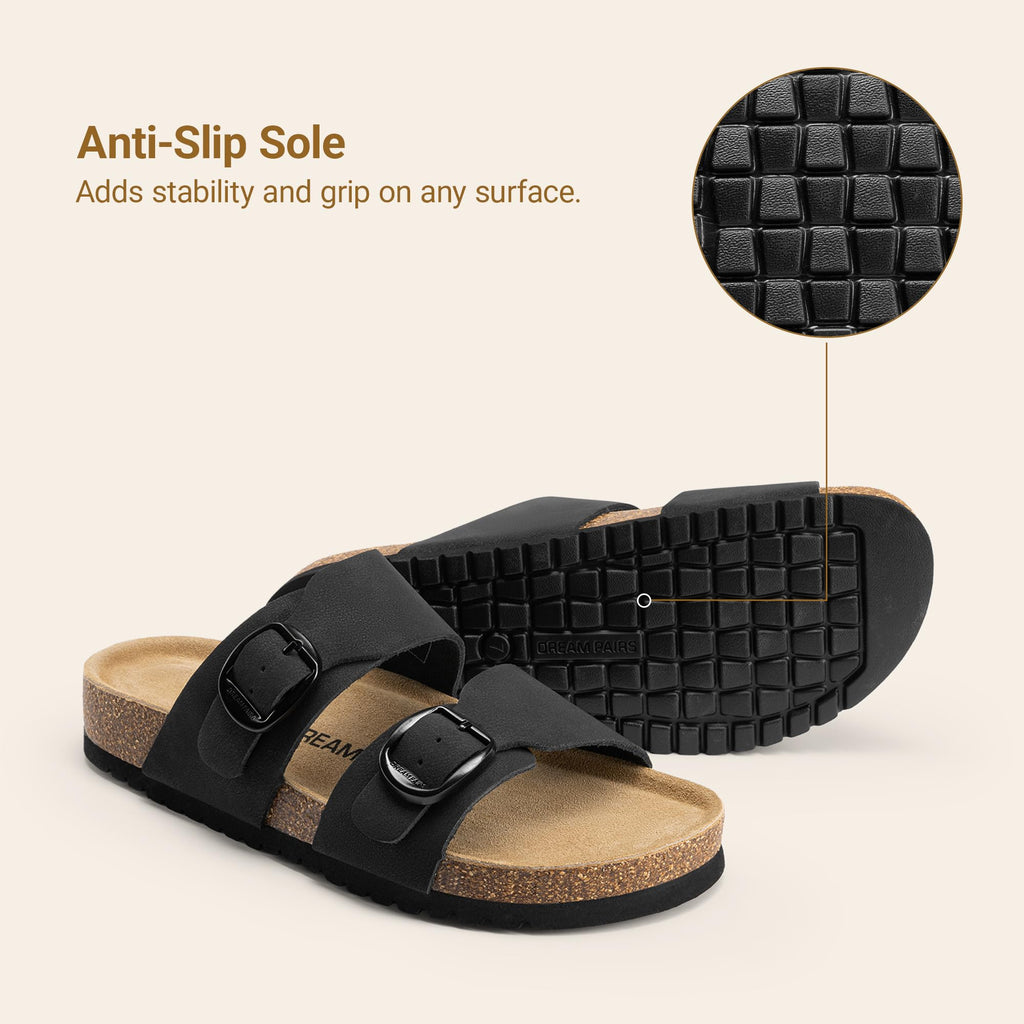 DREAM PAIRS Women's Slides Soft Genuine Footbed Sandals Comfortable Adjustable Double Buckle Slip-on Flat Sandals with Arch Support Frame Dual Slippers for Summer 2026,Size 7,Black,SDSS26004W