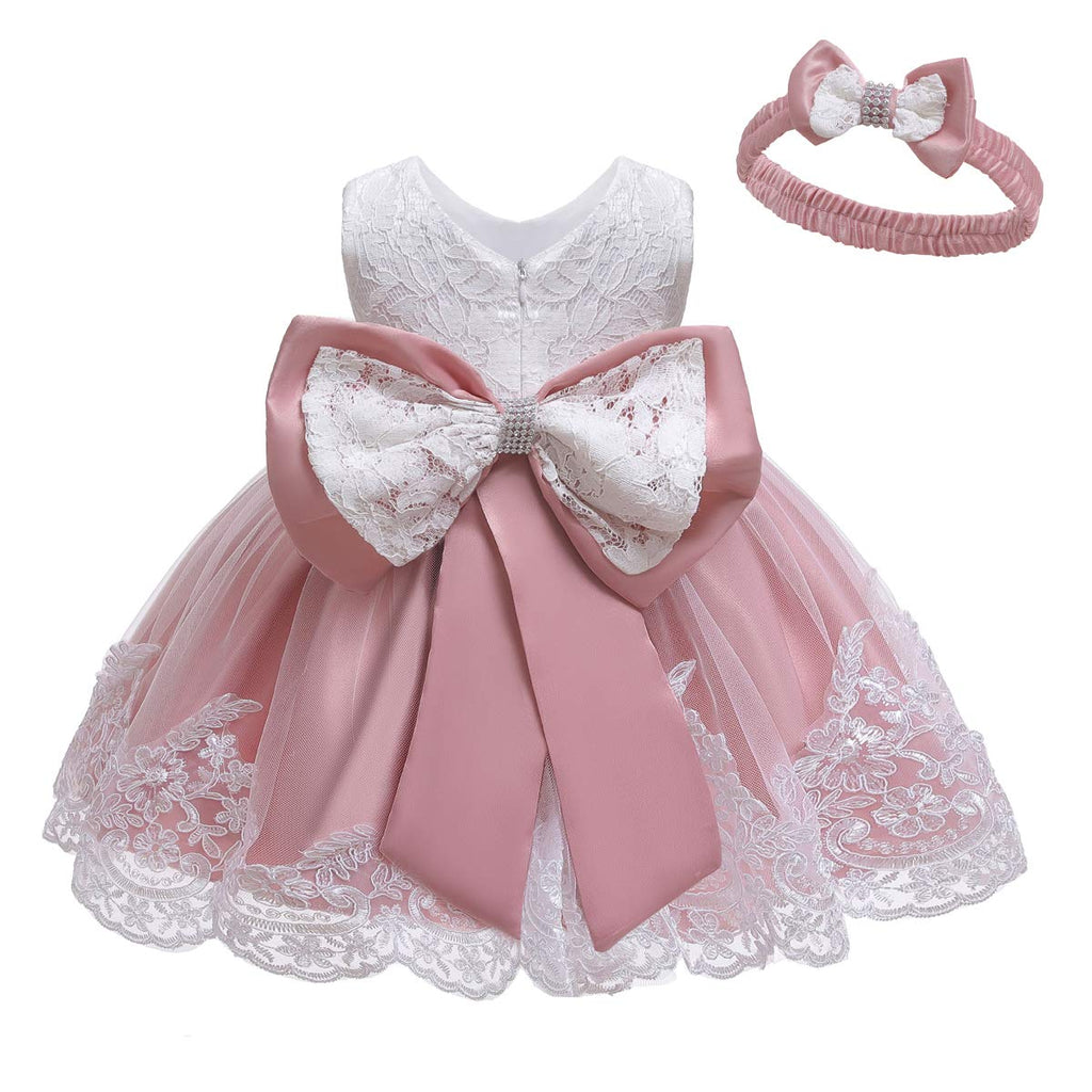 LZH Baby Girls Flower Princess Bowknot Wedding Pageant Christening Baptism Communion Party Dress, Bean Powder, 6M(3-6 Months)