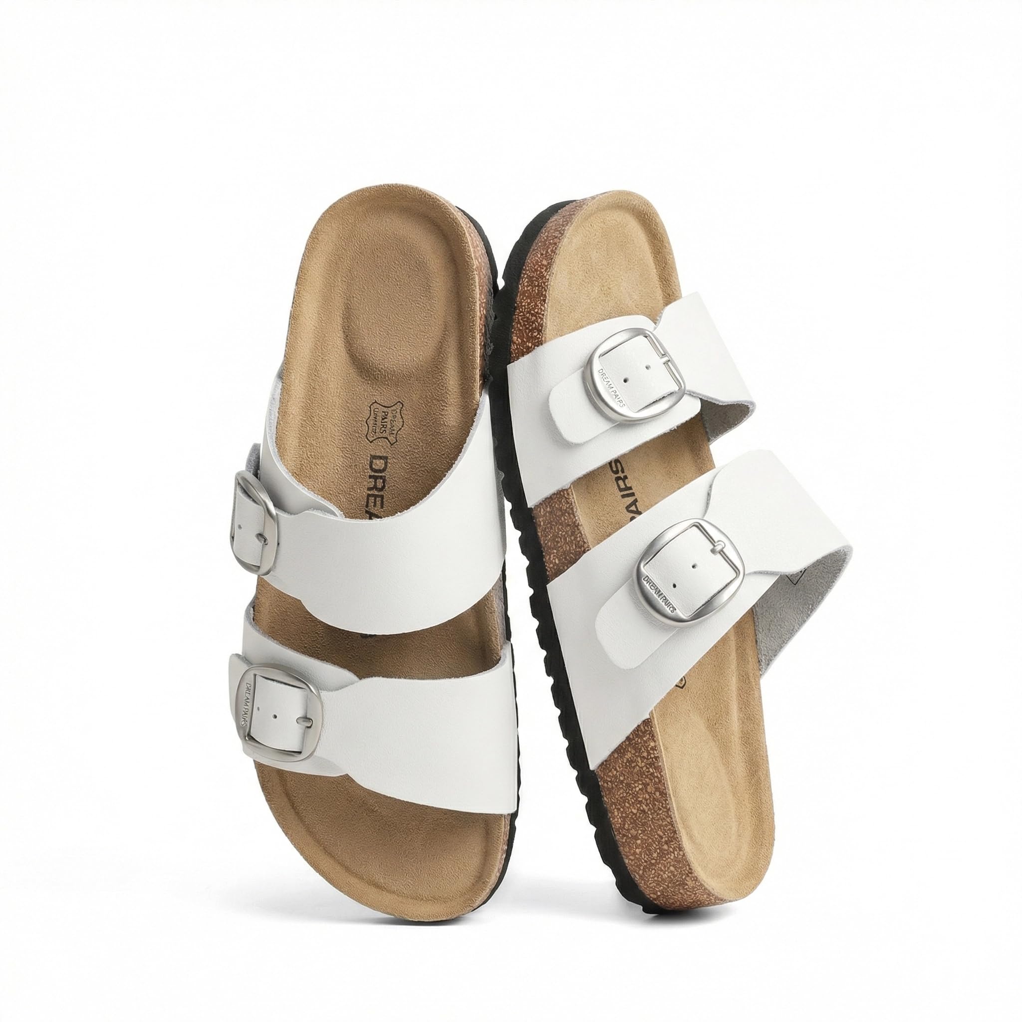 DREAM PAIRS Women's Slides Soft Genuine Footbed Sandals Comfortable Adjustable Double Buckle Slip-on Flat Sandals with Arch Support Frame Dual Slippers for Summer 2026,Size 7,White,SDSS26004W