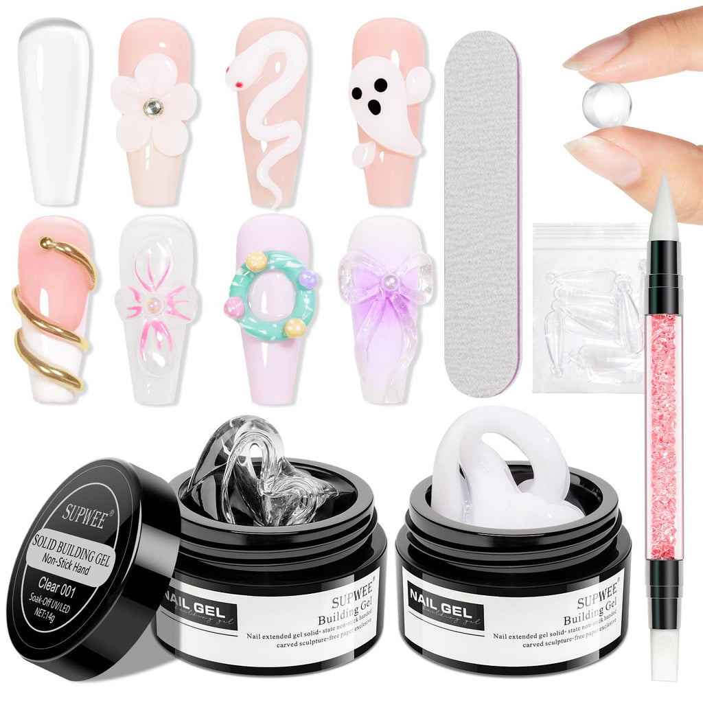 SUPWEE 3D Nail Art Gel Clear and White Solid Builder Gel for Nails Non-Stick Hand Sculpture Hard Gels with Dual Form for Carving Patterns Decoration Nail Art Home Manicure DIY