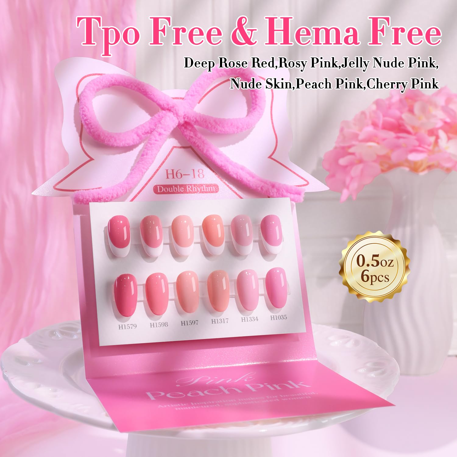 Double Rhythm 6 Pcs Hema Free Gel Polish Set 0.50 OZ Same Color Same Bottle Soak Off Neutral Natural Milky Gel Polish Kit Nail Art Manicure Salon DIY at Home (Pastel Peach Pink Purple-H6-18)
