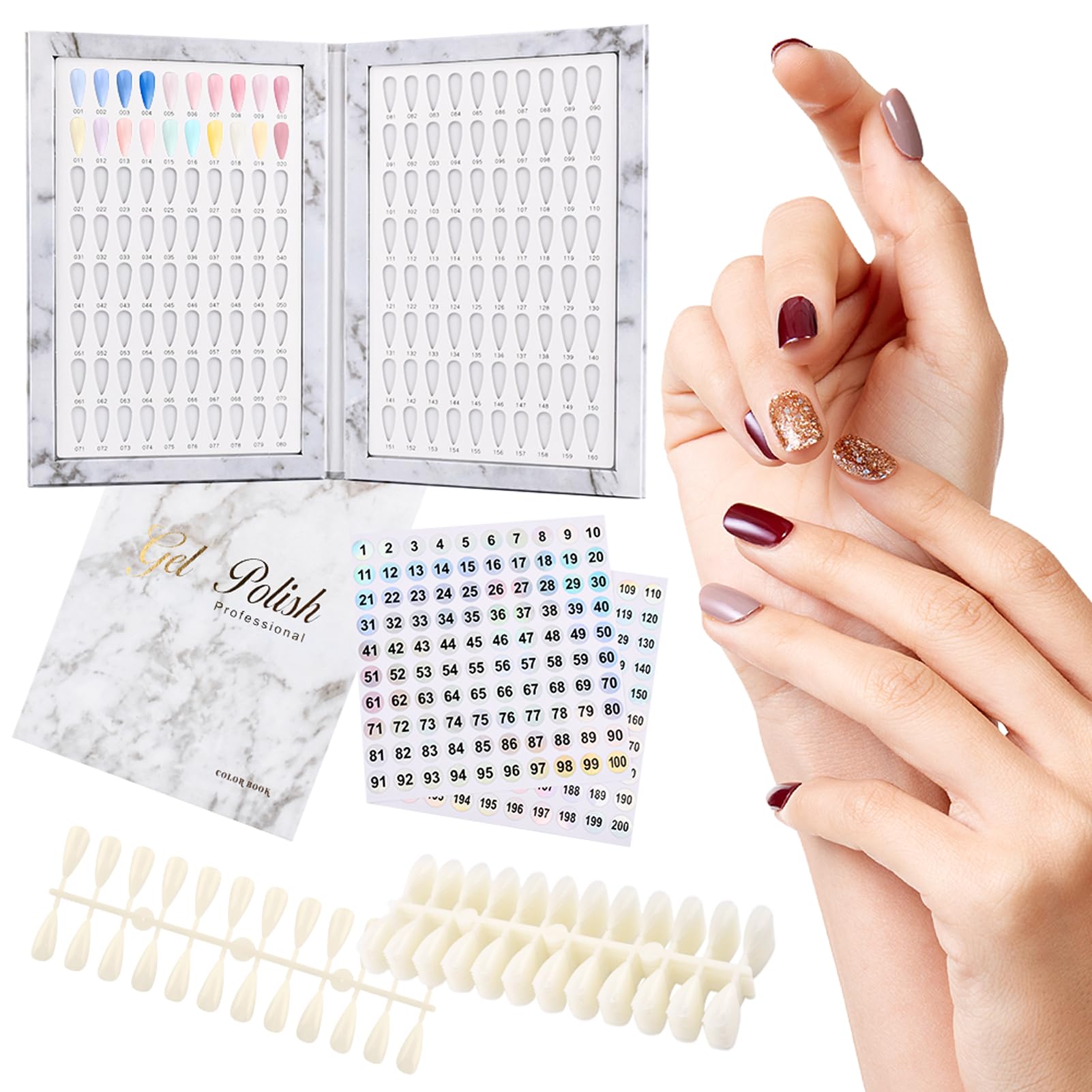 160 Color Nail Display Book with 240 Nail Tips and 1-200 Numbered Labels, Easy to Install, Removable Design, Portable Book Style, Space-Saving for Nail Art