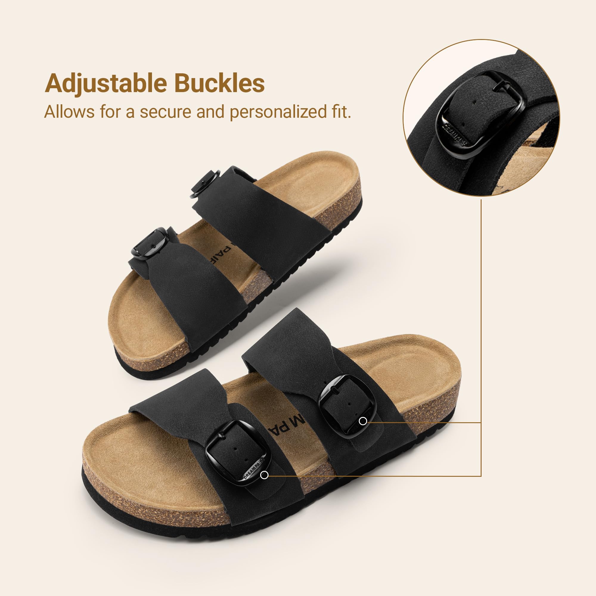 DREAM PAIRS Women's Slides Soft Genuine Footbed Sandals Comfortable Adjustable Double Buckle Slip-on Flat Sandals with Arch Support Frame Dual Slippers for Summer 2026,Size 7,Black,SDSS26004W