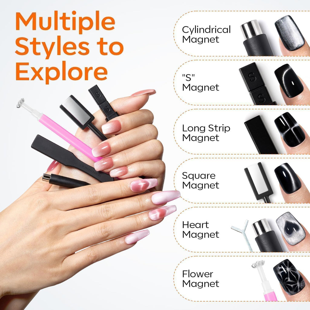 modelones Cat Eye Magnet Set, 15PCS Multi-Shape Nail Magnet for Cateye Gel Polish, Heart Moon Flower Square Effects with Bead-Attracting Nail Magnetic, UV/LED Lamp Required, DIY Nail Art（Magnet Only）