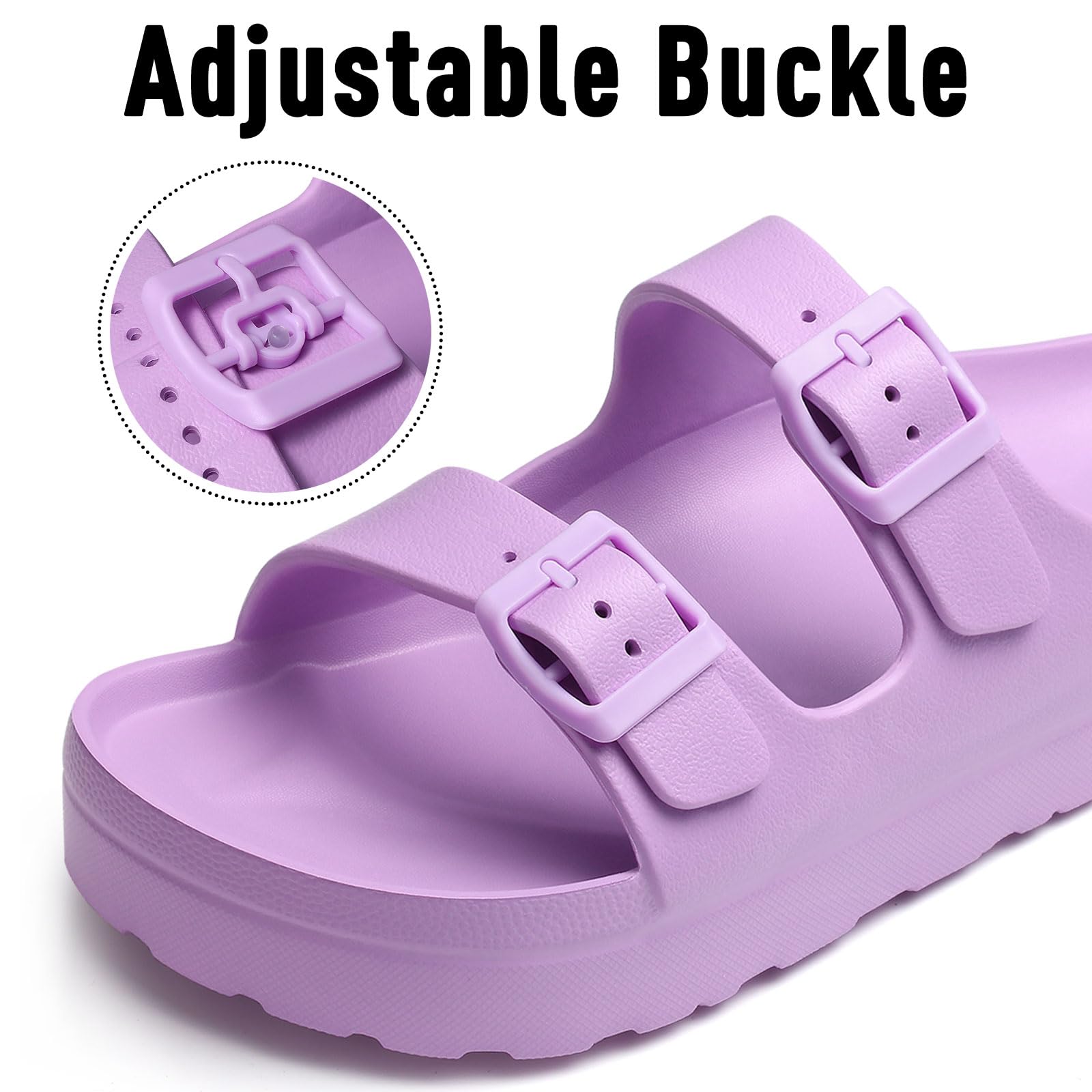 Goosecret Women's Platform Sandals with Arch Support Chunky Lightweight Foam Slip on Slides Comfortable Summer Beach Sandals with Adjustable Buckle Purple, 38(size 7.5)