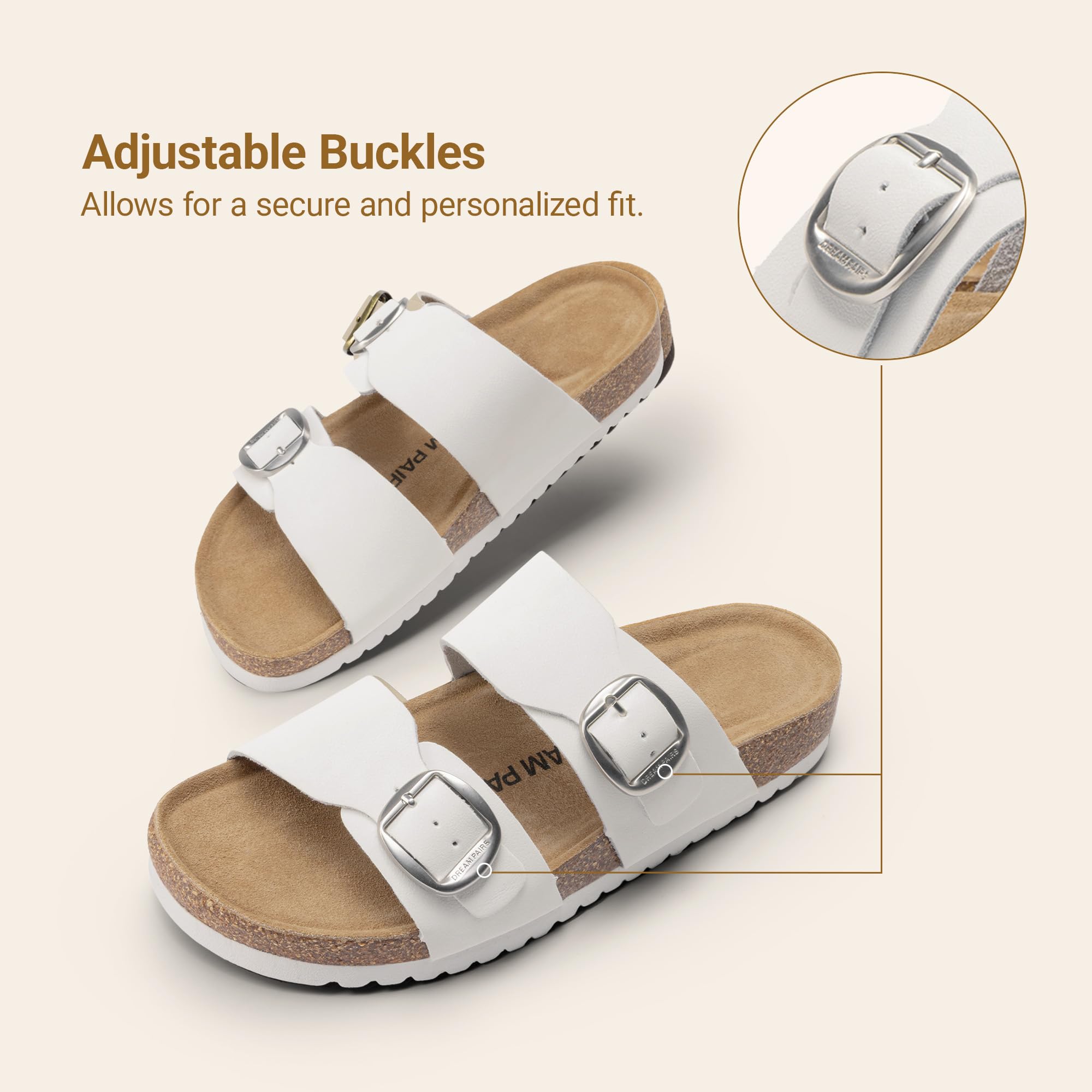 DREAM PAIRS Women's Slides Soft Genuine Footbed Sandals Comfortable Adjustable Double Buckle Slip-on Flat Sandals with Arch Support Frame Dual Slippers for Summer 2026,Size 7,White,SDSS26004W