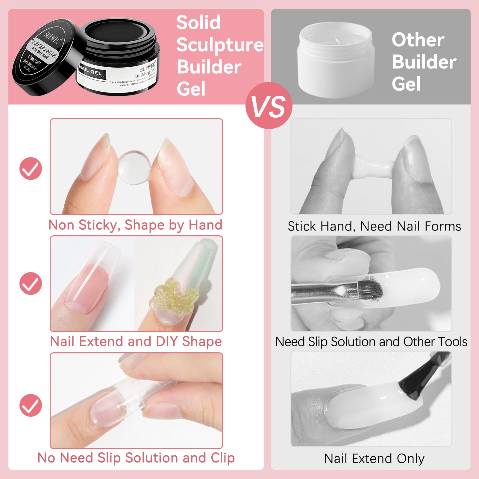 SUPWEE 3D Nail Art Gel Clear and White Solid Builder Gel for Nails Non-Stick Hand Sculpture Hard Gels with Dual Form for Carving Patterns Decoration Nail Art Home Manicure DIY