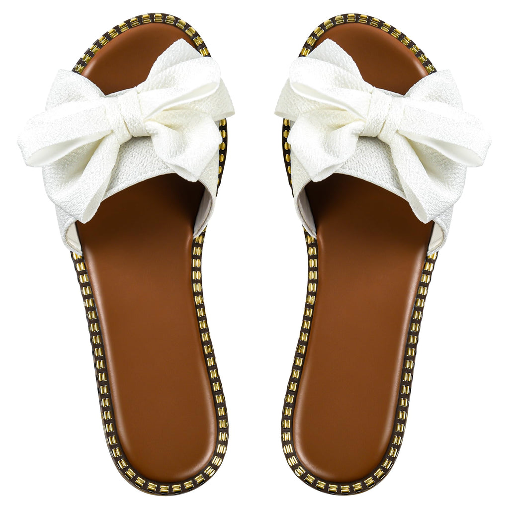 Sksshion Women's Bow Knot Slides Open Toe Flat Sandals Summer Slip On Slippers White 7