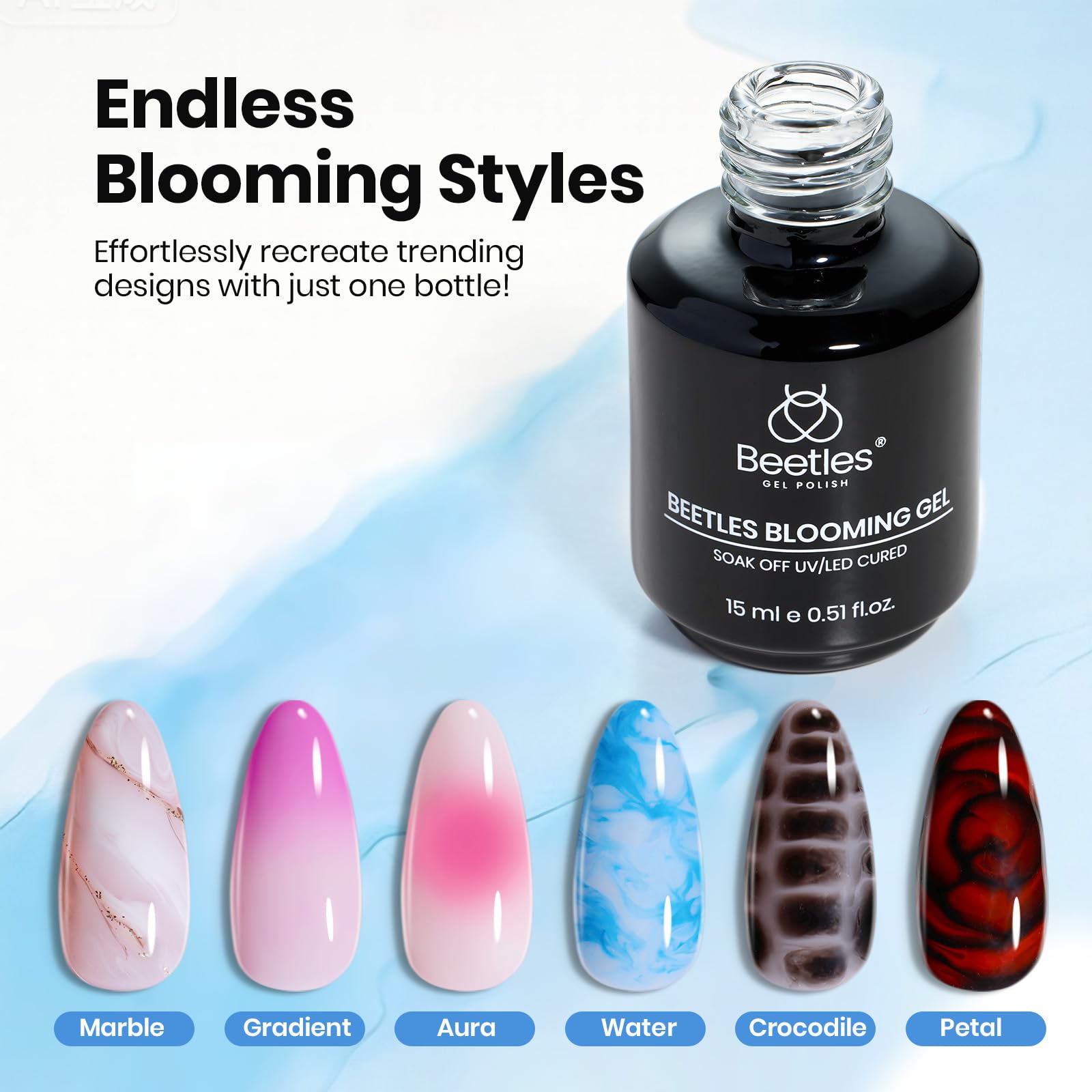 Beetles Blooming Gel 15ml Clear Uv Led Aura Nails Gel Polish for Spreading Effect Marble Natural Stone Watercolor Floral Print Soak off Diy Nail Art Design Manicure Gift for Women