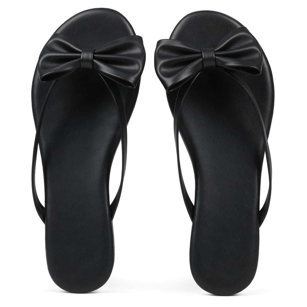 Phefarer Flip Flops for Women Flat Thong Sandals with Bow Knot Open Toe Cute Comfortable Black Beach Sandals Dressy Daily Casual Walking Summer Shoes Size 7