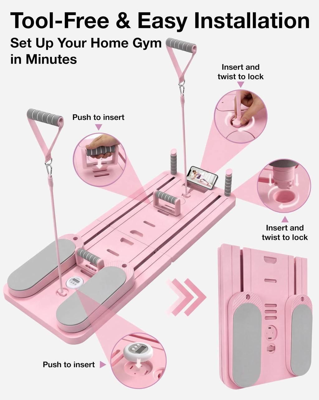 Pilates Board, Pilates Reformer Set Gifts for Women, New Upgraded Multi-Purpose Pilates Board for Home Workouts, Foldable Home Pilates Machine for Fitness, Exercise, Abs, Core Equipment (Pink)