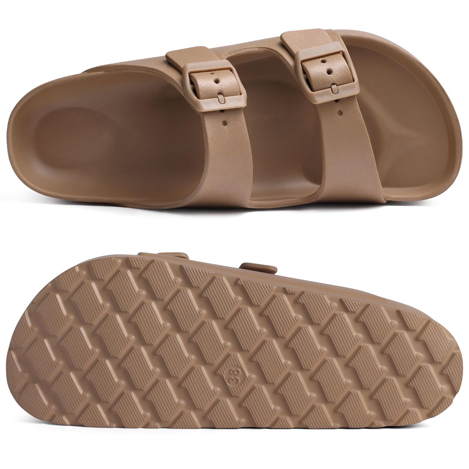 Goosecret Women's Platform Sandals with Arch Support Chunky Lightweight Foam Slip on Slides Comfortable Summer Beach Sandals with Adjustable Buckle Brown, 38(size 7.5)