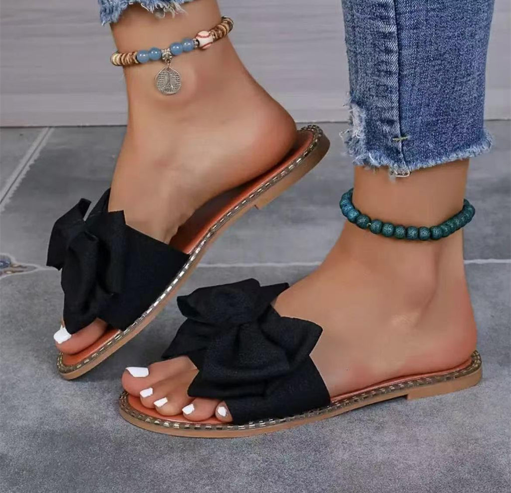 Sksshion Women's Bow Knot Slides Open Toe Flat Sandals Summer Slip On Slippers Black 7