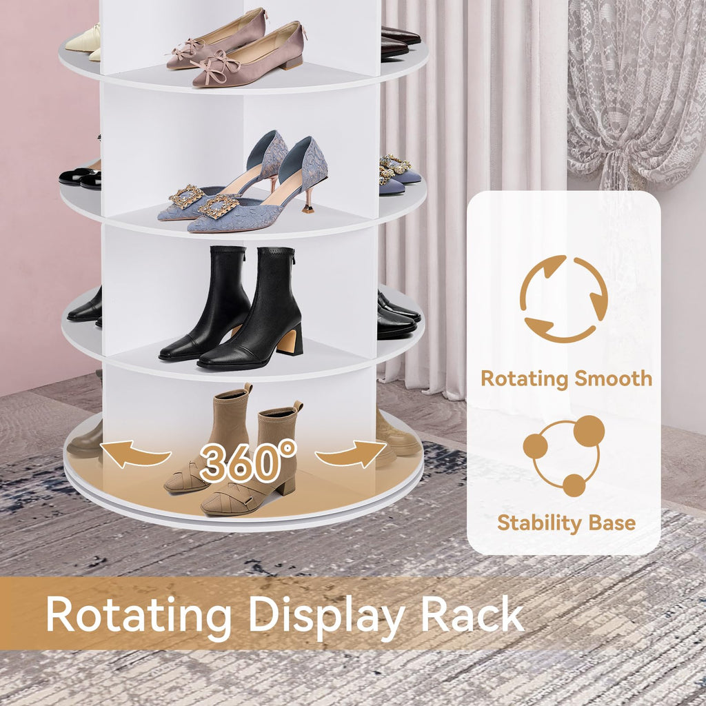 WGCTEK Rotating Shoe Rack Tower, 7 Tier 28 Pairs Large Shoe Storage Organizer, Space-Saving Free Standing Shoe Racks, 360° Revolving Round Shoe Rack for Closet Handbag Display, White