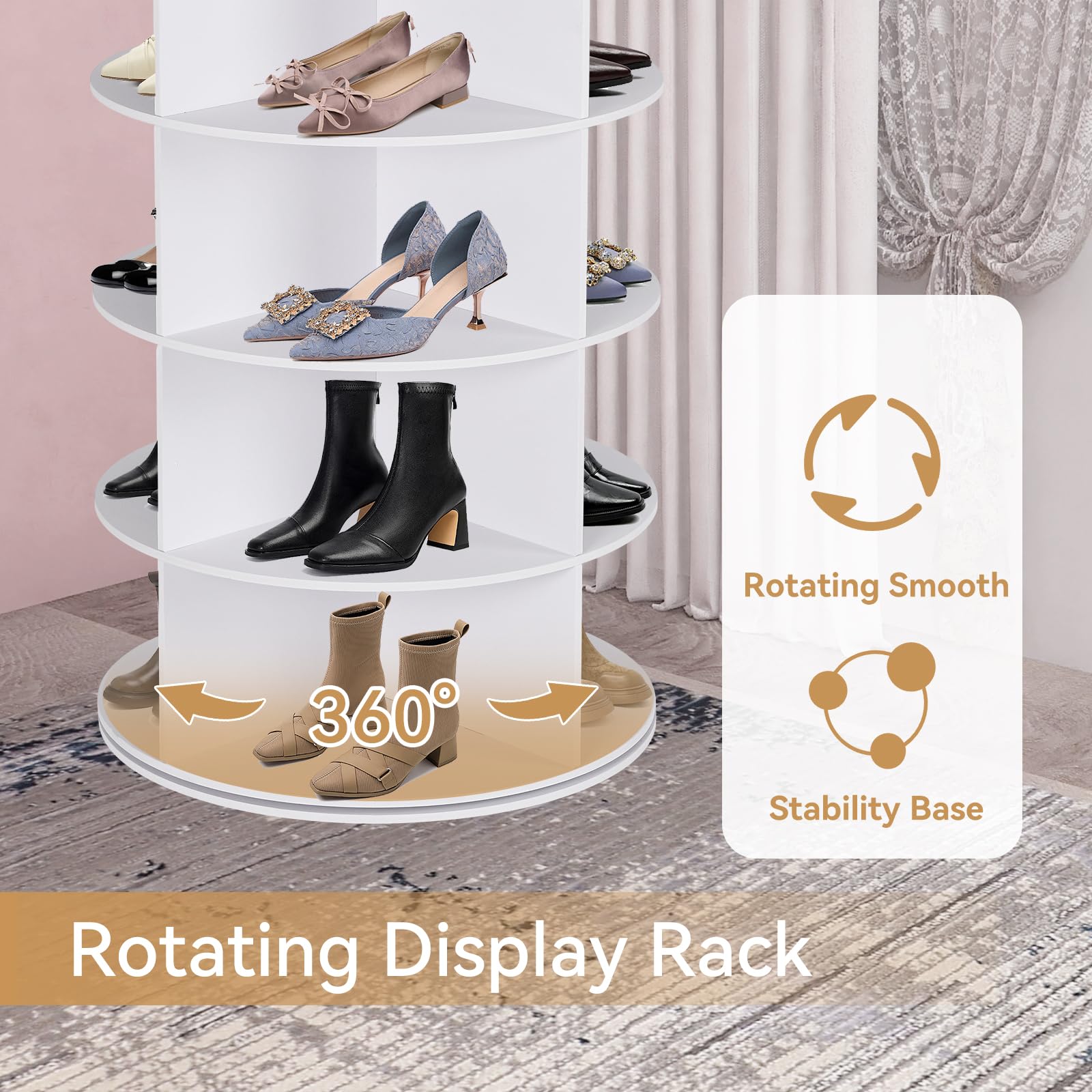 WGCTEK Rotating Shoe Rack Tower, 7 Tier 28 Pairs Large Shoe Storage Organizer, Space-Saving Free Standing Shoe Racks, 360° Revolving Round Shoe Rack for Closet Handbag Display, White