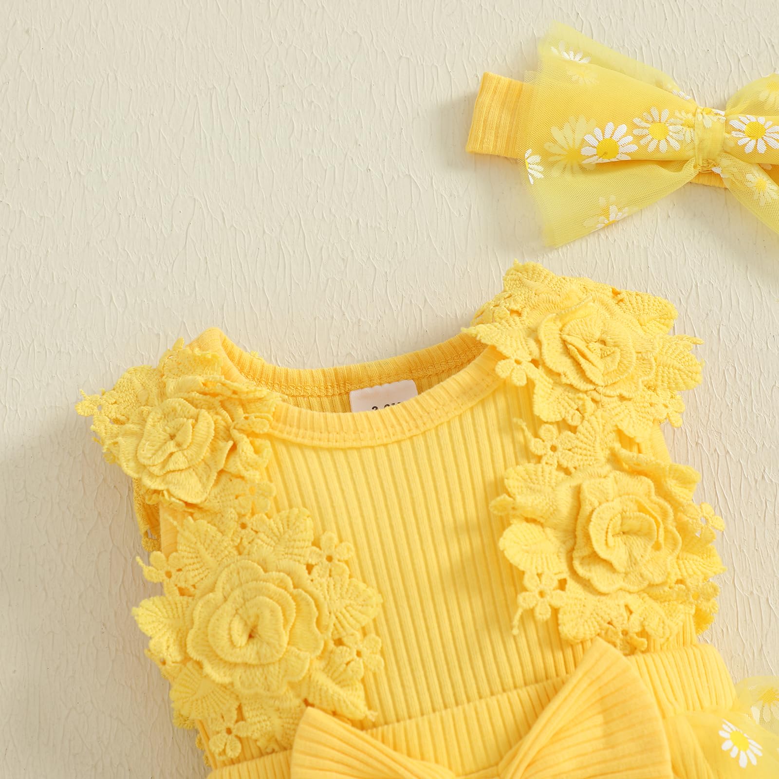 Mubineo Baby Girl Summer Clothes Outfits Sleeveless Lace Floral Romper Dress Newborn Outfit (Yellow Daisy, 6-9 Months)