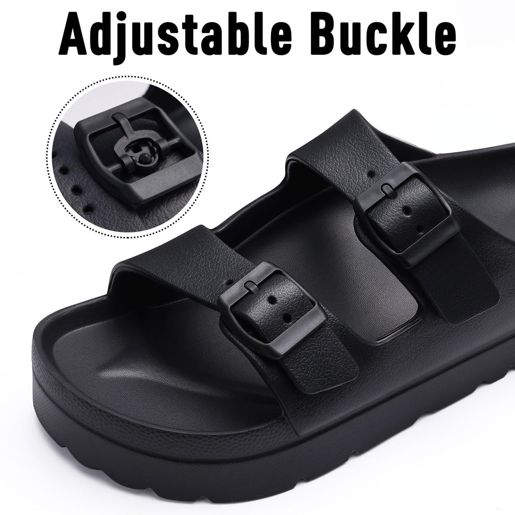 Goosecret Women's Platform Sandals with Arch Support Chunky Lightweight Foam Slip on Slides Comfortable Summer Beach Sandals with Adjustable Buckle Black, 38(size 7.5)