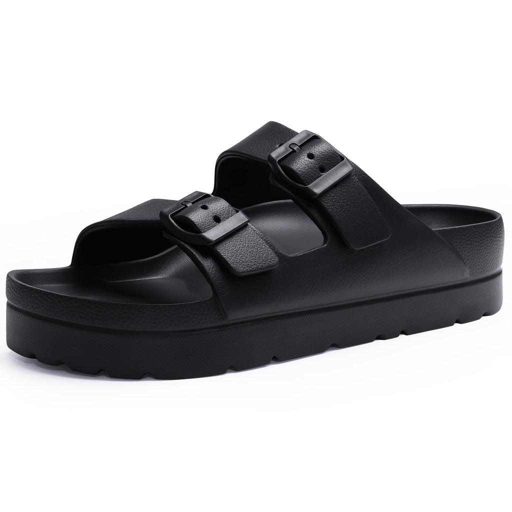Goosecret Women's Platform Sandals with Arch Support Chunky Lightweight Foam Slip on Slides Comfortable Summer Beach Sandals with Adjustable Buckle Black, 38(size 7.5)