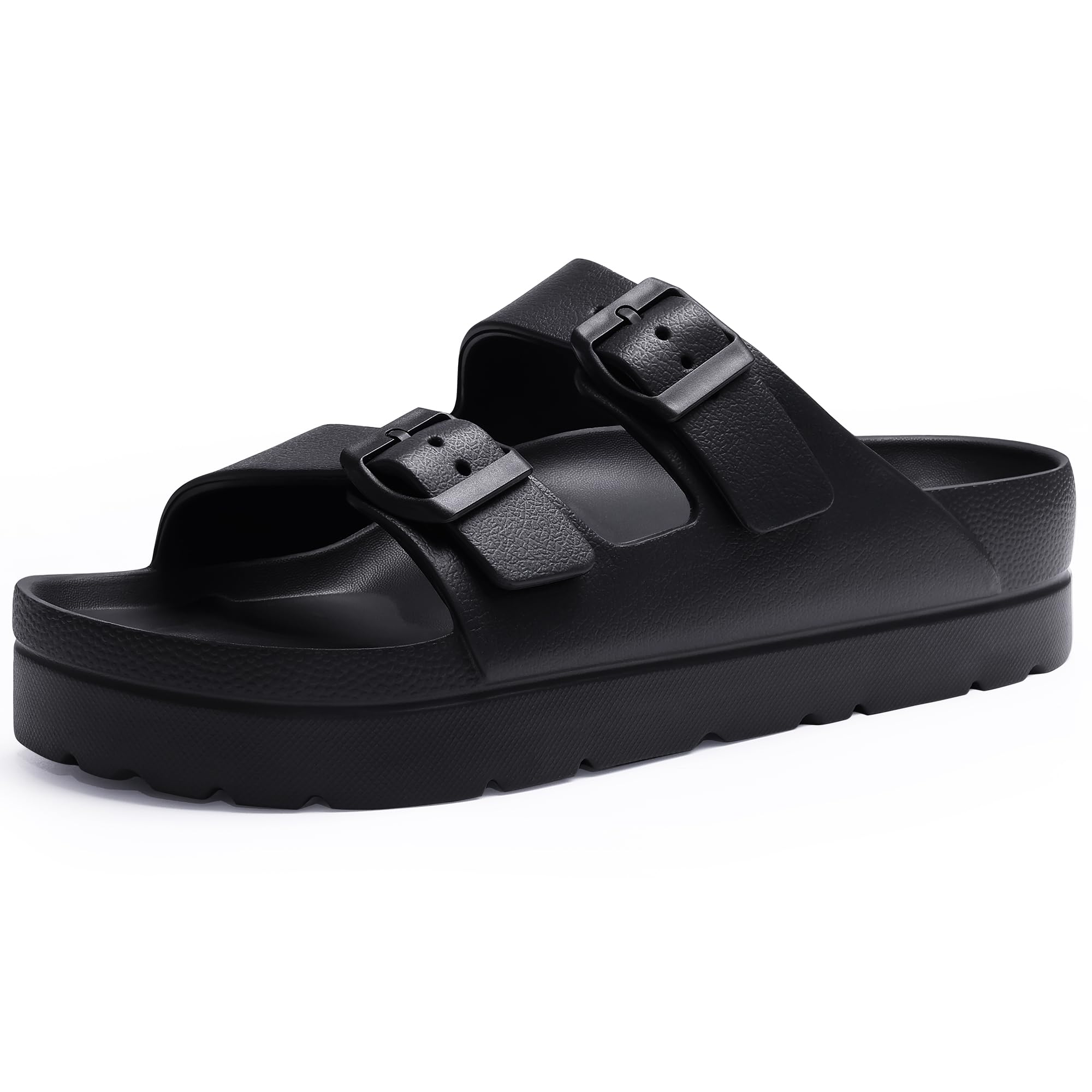 Goosecret Women's Platform Sandals with Arch Support Chunky Lightweight Foam Slip on Slides Comfortable Summer Beach Sandals with Adjustable Buckle Black, 38(size 7.5)
