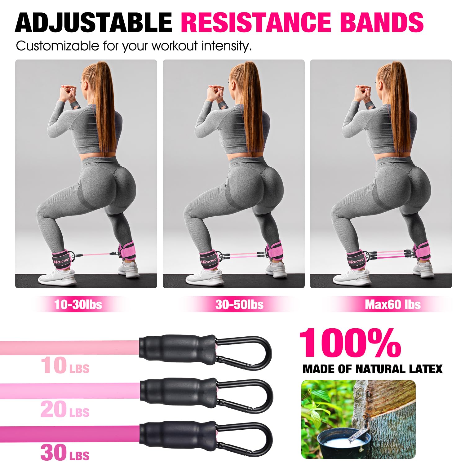 HOXWC Ankle Resistance Bands with Cuffs, Ankle Bands for Working Out, Ankle Resistance Band for Leg, Booty Workout Equipment for Kickbacks Hip Fitness Training, Exercise Bands for Butt Lift Women