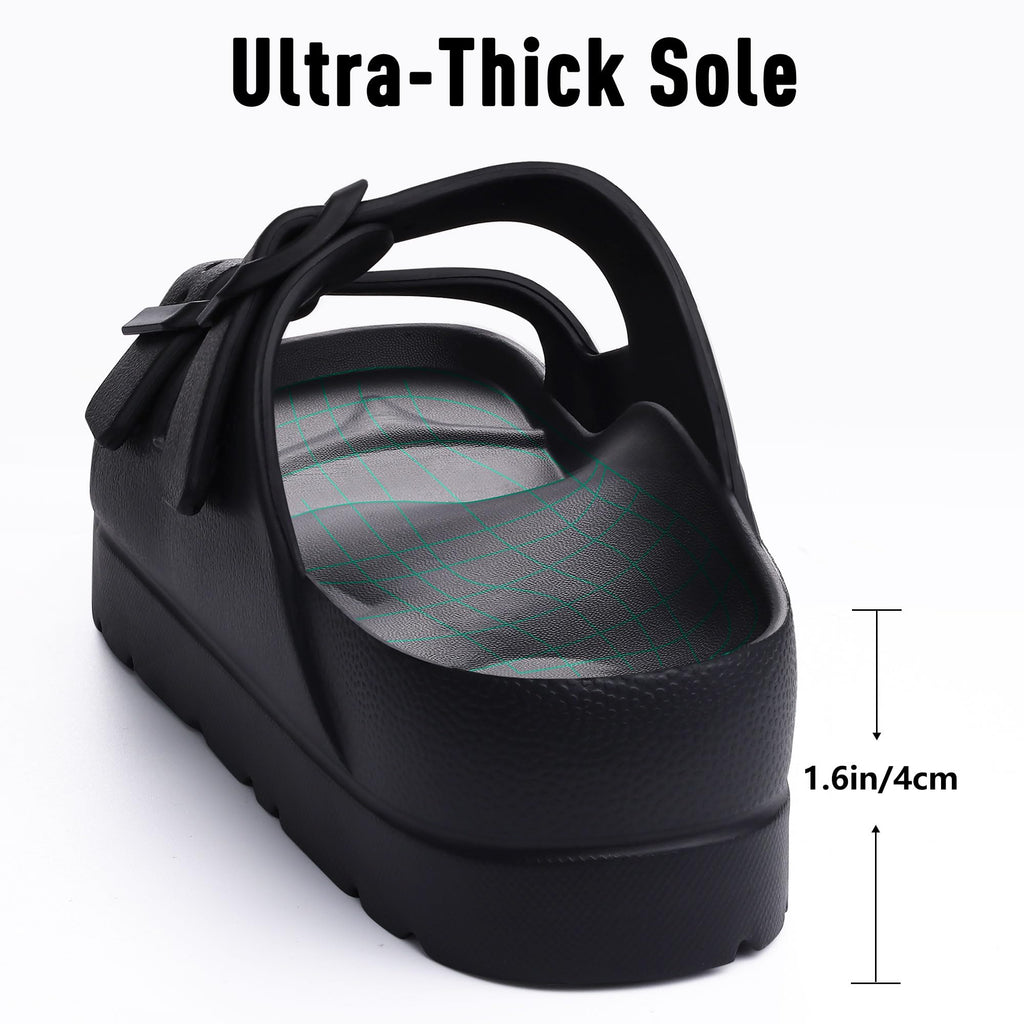 Goosecret Women's Platform Sandals with Arch Support Chunky Lightweight Foam Slip on Slides Comfortable Summer Beach Sandals with Adjustable Buckle Black, 38(size 7.5)