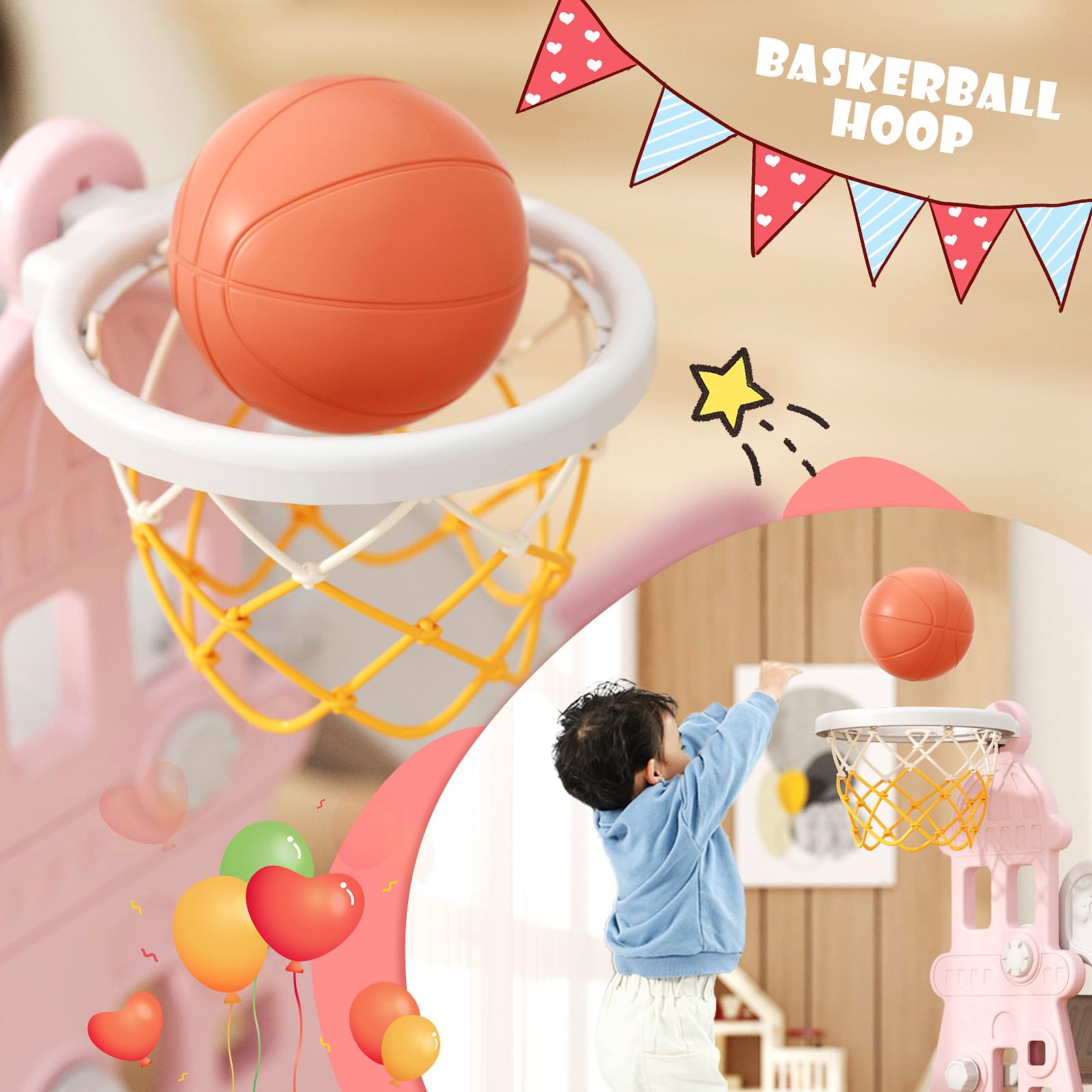 XJD 4-in-1 Toddler Slide and Swing Set, Kids Slide for Toddlers Age 1+, Toddler Outdoor Playset with Basketball Hoop, Swing, Outdoor Indoor Playground for Toddlers 1-3 (Pink)